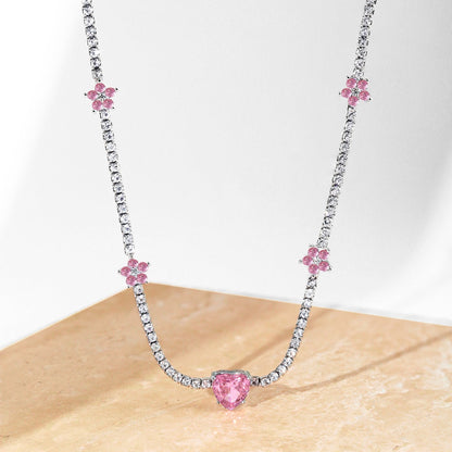 [AuraEcho]Dazzling Pink Heart Flower Necklace