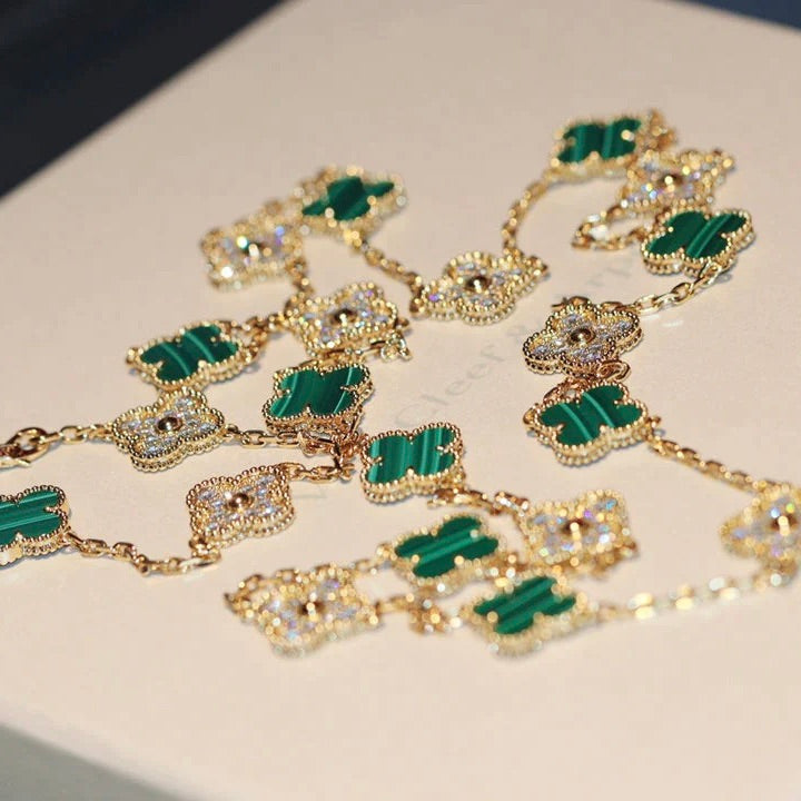 [AuraEcho]CLOVER 20 MOTIFS MALACHITE DIAMOND NECKLACE